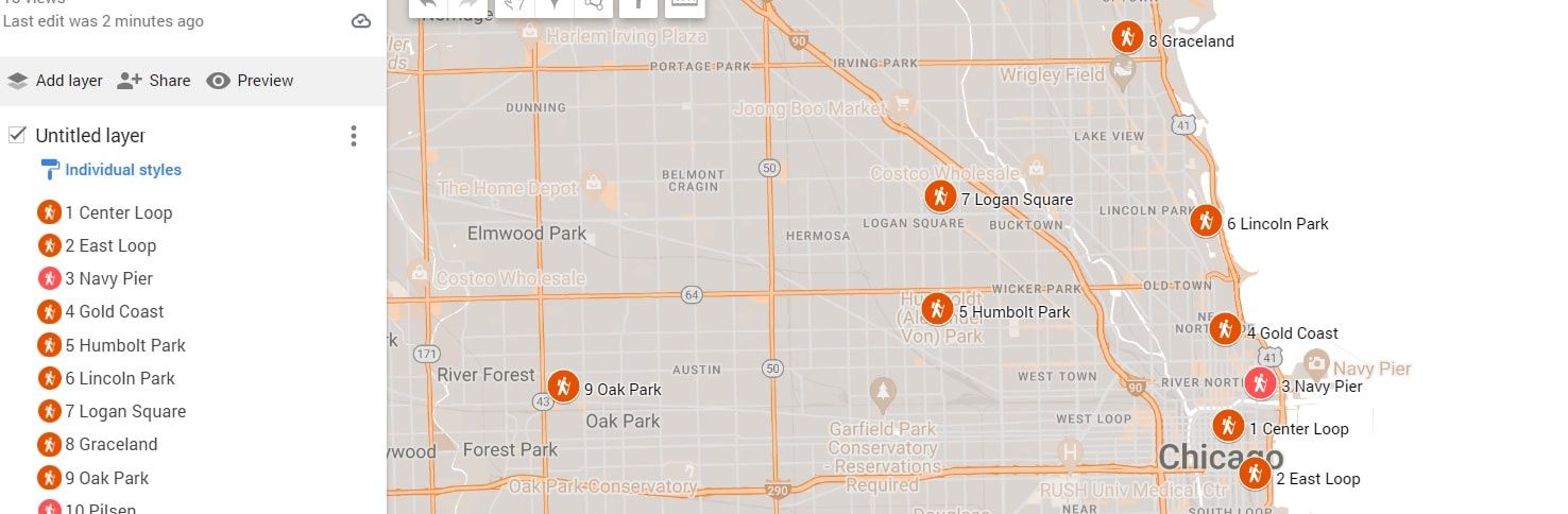 Walk in Chicago, 13 unusual self-guided tours on 2 maps